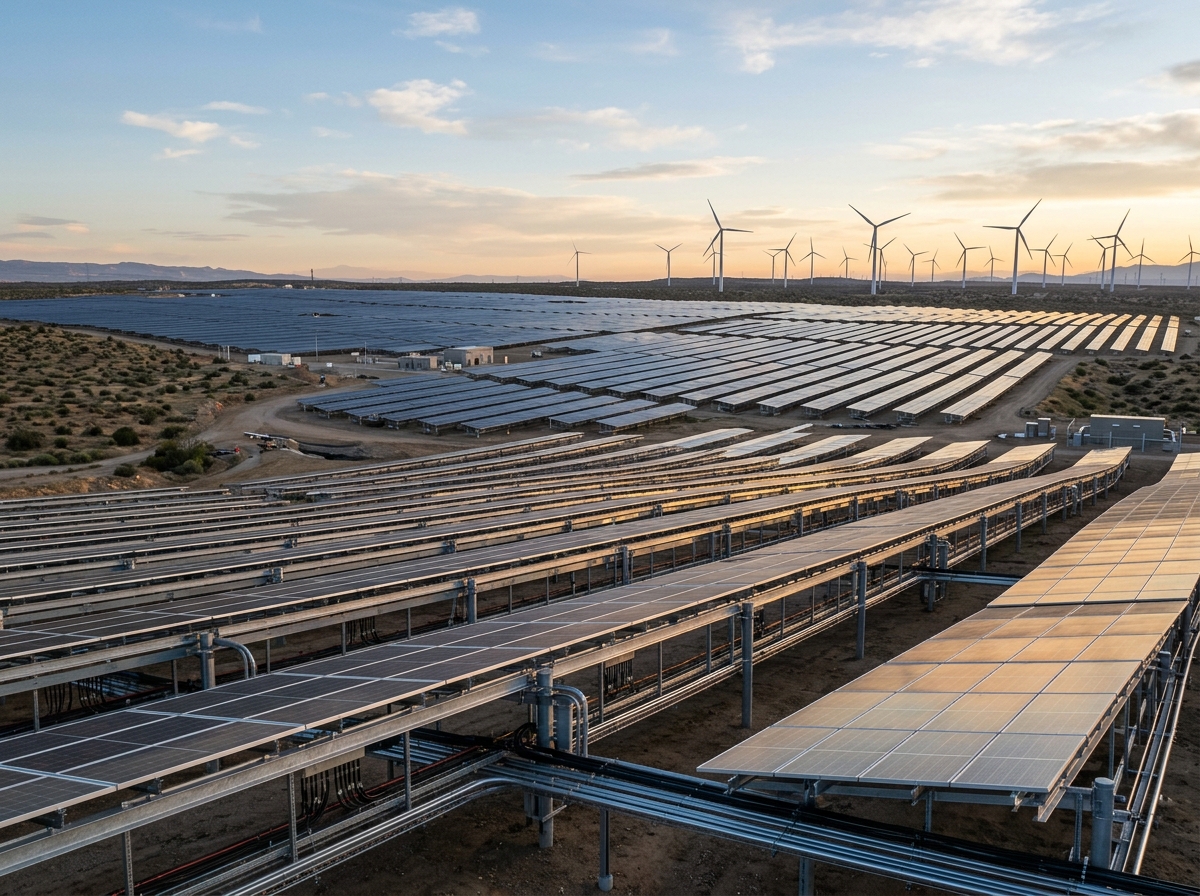 Expansive solar photovoltaic array and wind turbines under warm sunlight