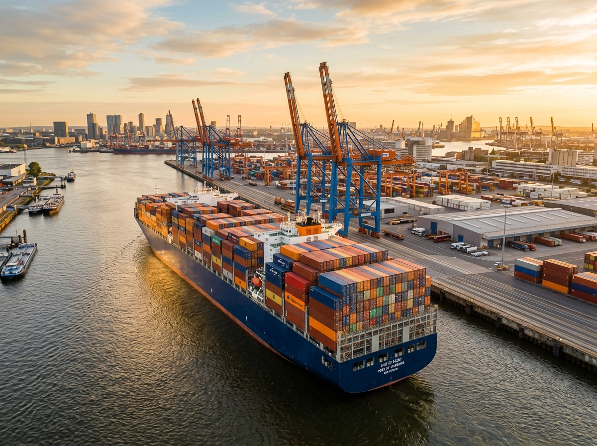 Global container cargo ship arriving at an international commercial port