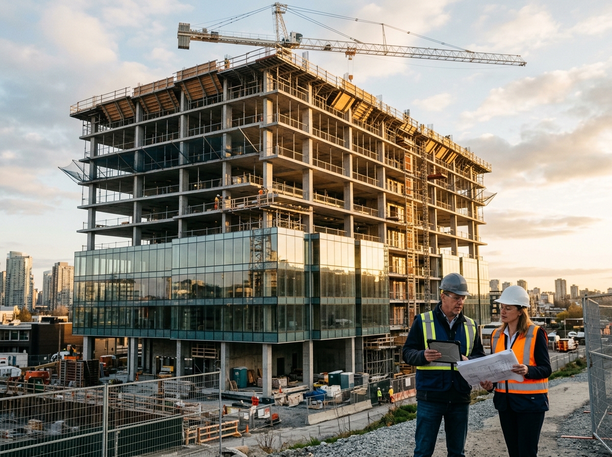 Engineers reviewing site blueprints at a commercial development construction site