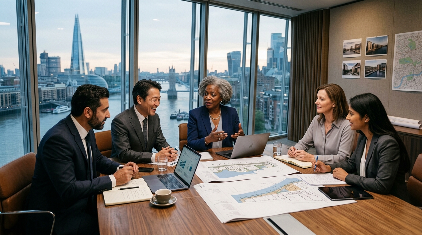 Executive international business partners meeting at a corporate conference table overlooking a coastal skyline