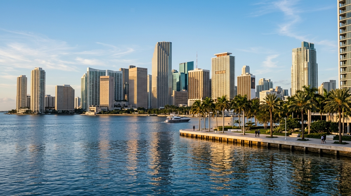 Miami waterfront skyline and palm trees at sunset